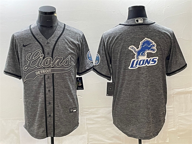 Men's Detroit Lions Gray Team Big Logo Cool Base Stitched Baseball Jersey